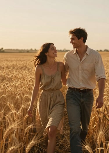 Cinematic photography of a happy couple walking through a sun-drenched wheat field, golden hour lighting casting warm golden brown tones. Authentic smiles, candid and natural, embodying a warm and sophisticated mood.