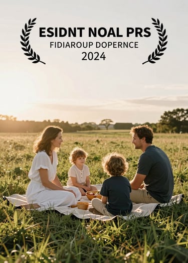 A wide, rectangular cinematic shot of a family picnic in a lush meadow at golden hour. The sun is low, creating a warm, sun-drenched haze. A mother, father, and child are captured in an authentic, unposed moment of interaction. The color palette features white, sand, and deep anthracite accents in the clothing.