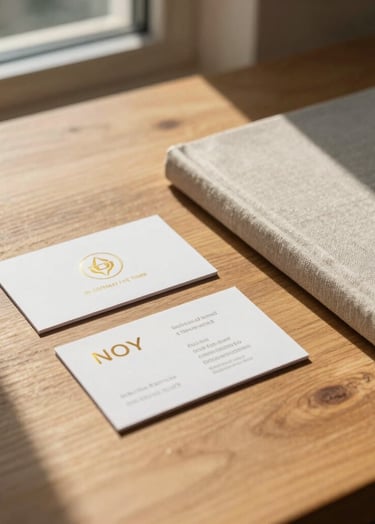 A cinematic lifestyle shot of minimalist branding materials—business cards and a linen-bound book—resting on a sand-colored wooden table. The scene is illuminated by afternoon sunlight streaming through a window, creating warm, golden highlights. Muted gold accents are visible on the stationery.