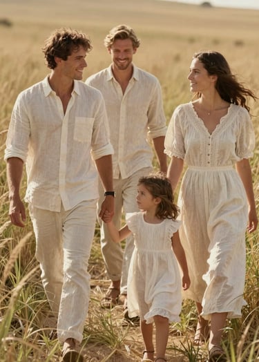 A cinematic shot of a young family walking through a field of tall grass. The scene is sun-drenched with a warm sand color palette. They wear soft off-white linen. High-end lifestyle photography.