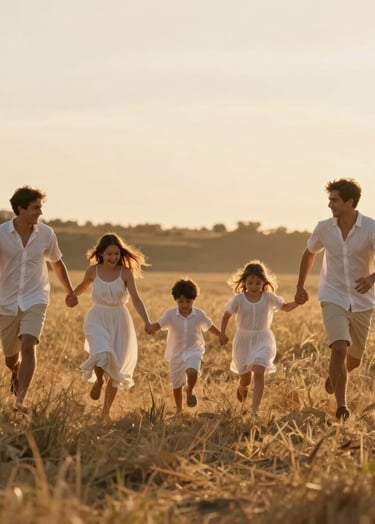 Cinematic wide-angle shot of a young family running through a sun-drenched meadow at golden hour. The lighting is warm and hazy, highlighting soft sand tones and pure white clothing. Professional photography style, authentic human connection.
