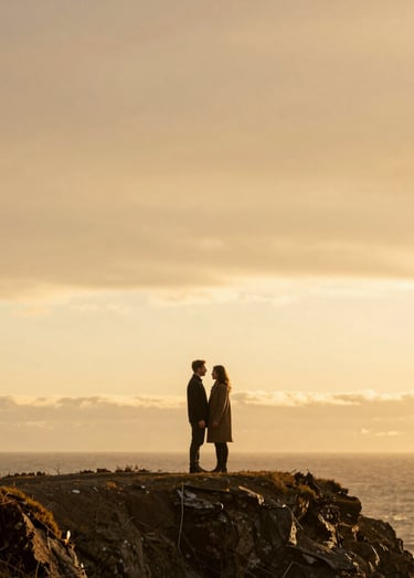 A high-end editorial photograph of a couple standing on a coastal cliff in the Pacific Northwest, North American / US. Golden hour lighting, warm brushed gold tones in the sky, minimalist composition with wide negative space.