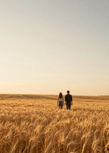 A wide-angle landscape photograph of a couple walking through a golden wheat field during sunset. Warm, natural lighting, minimalist composition, professional photography style. North American / US countryside.