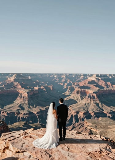 A high-end, professional photograph of a bride and groom standing on a granite cliff overlooking a vast canyon in the North American Southwest. The composition is minimalist with a lot of negative white space in the sky.