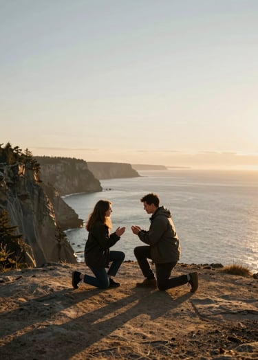 An emotional proposal moment on a cliff overlooking a North American coastal landscape at golden hour, minimalist composition with warm sunlight and soft charcoal shadows.