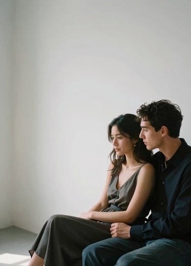 A sophisticated, high-end photography shot of a couple sharing a quiet moment in a minimalist studio with white walls. Soft side lighting creates a timeless and elegant atmosphere. North American / US interior.
