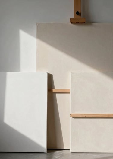 A glimpse into a serene and clean artist studio in France, featuring minimalist canvases with monochromatic textures under soft, natural morning light.