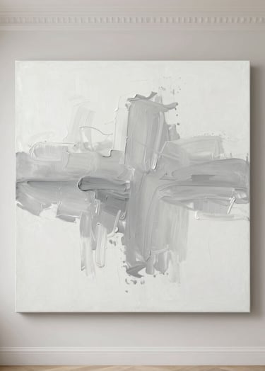 A minimalist oil painting featuring soft, ethereal grey brushstrokes on a clean white background, hanging in a modern French apartment with refined architectural details.