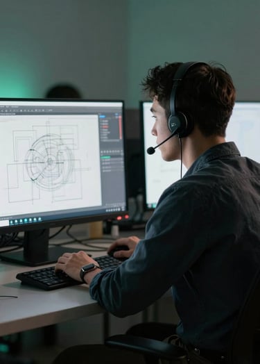 A team of developers collaborating on software code across multiple monitors in a dim, green-lit workspace.