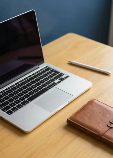 A top-down workspace view featuring a sleek metallic laptop, a designer's stylus, and a leather notebook. The composition is clean and modern, with professional lighting. The room's palette incorporates navy blue walls and warm yellow desk accents.