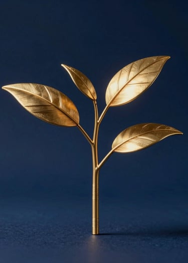 A conceptual, minimalist sculpture representing growth and venture capital. A golden sapling made of metallic wires against a deep navy blue background. Soft, cinematic lighting highlighting the texture and precision of the design.