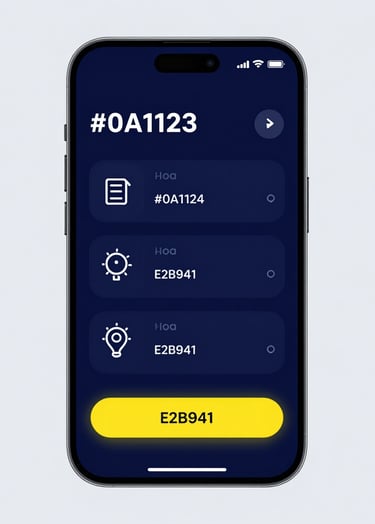 A high-fidelity mockup of a mobile financial dashboard on a sleek smartphone. The interface uses deep navy #0A1128 backgrounds with vibrant yellow #E2B941 accents for call-to-action buttons. Minimalist iconography.