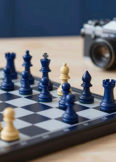 An artistic photograph capturing a personal hobby, such as a sleek, modern chessboard or a vintage film camera, set against a sophisticated backdrop. Incorporate colors #0A1128, #1E3F66, #E2B941, and #F5F8FA.