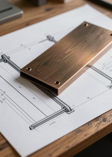 A technical architectural drawing of a railing system laid out on a wooden desk, with a finished warm bronze metal sample resting on top, demonstrating the transition from design to reality.
