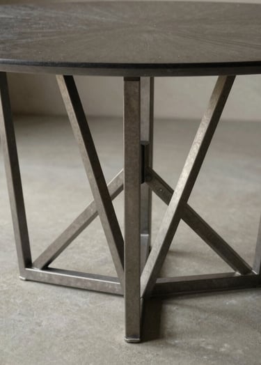 A detailed shot of a bespoke dining table base, showcasing a complex architectural metal structure in steel grey. The design is airy and minimalist, reflecting the 'warm minimalism' brand aesthetic.