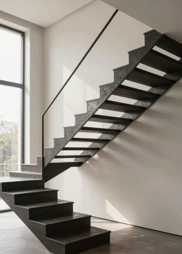 Professional architectural photography of a minimalist floating staircase made of dark charcoal steel. The steps are cantilevered from a soft off-white wall. Natural light from a large window creates soft shadows, highlighting the industrial elegance and clean lines.