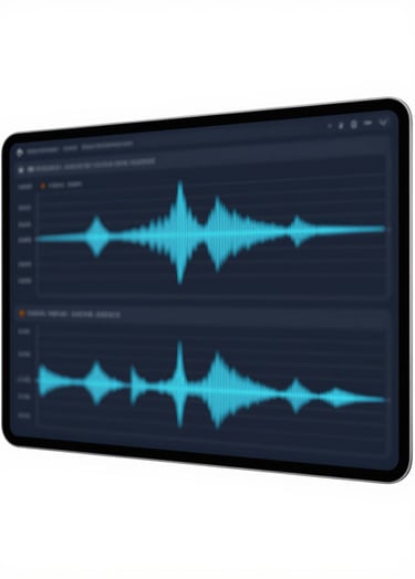 A sophisticated digital animation dashboard showing waveforms and timelines. The aesthetic is clean and contemporary using #4A6B8A and #8FE3F5 highlights on a dark #0d1026 base.