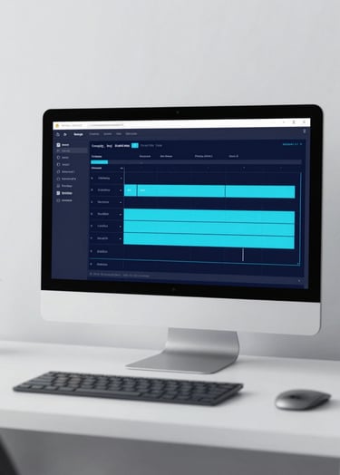 A minimalist 3D rendering of a modern workspace with soft lighting, featuring a glowing screen showing animation timelines, using colors #0d1026 and #8FE3F5.