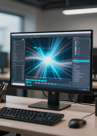 A dynamic shot of a motion graphics workspace with a high-resolution monitor displaying a vibrant, glowing abstract animation in #8FE3F5 and #d4d4d4.
