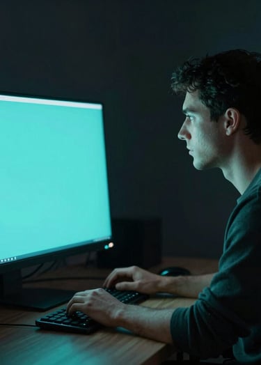 A sophisticated profile of a digital artist working in a dark studio. Minimalist and professional lighting featuring #8FE3F5 glow from the screen.