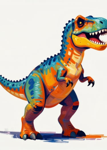 A vibrant, high-energy pop-art painting of a dancing T-Rex in bold acrylic colors including #D87D51 and #1F3A4B, against a clean studio background. The style is modern and playful with thick, visible brushstrokes.