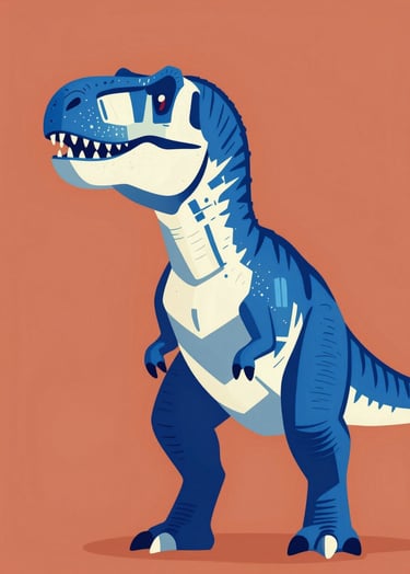 A vibrant pop-art painting of a Tyrannosaurus Rex. The composition is centered with a bold profile view of the dinosaur. The color palette features a background of #D87D51 terracotta with the dinosaur rendered in #1F3A4B dark blue and #F9F5EF off-white highlights. Graphic, clean lines and a modern, dynamic feel.