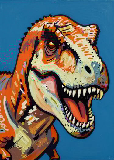 A close-up pop-art painting of a Tyrannosaurus Rex face. The style features bold black outlines and a vibrant color palette of #D87D51 and #F9F5EF. The background is a solid #1F3A4B. The lighting is dramatic, highlighting the texture of the acrylic paint and dynamic brushstrokes.