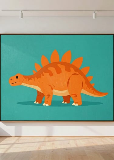 A large, framed pop-art painting of a stylized Stegosaurus in a bright, sunlit gallery room. The painting uses a mix of #1F3A4B teal and #D87D51 orange, looking sophisticated yet playful.