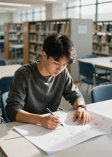 A focused student working in a modern North American / US university library. The student is drafting blueprints on a large white paper. The environment is bright and clean, with steel blue chairs and silver grey shelving in the background. Soft afternoon sunlight filters through large windows.