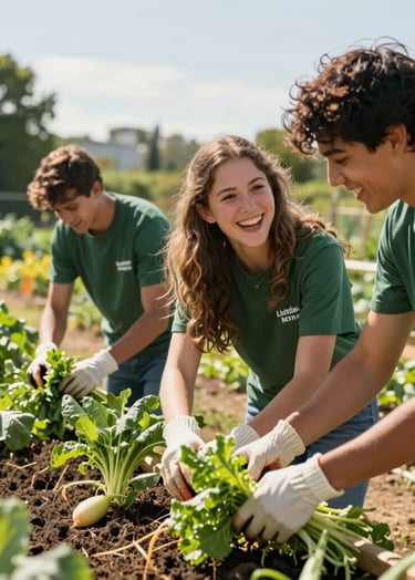A candid shot of student volunteers laughing while harvesting fresh vegetables in a sunny North American / US community garden. High-quality photography with a focus on teamwork and aspiring atmosphere.