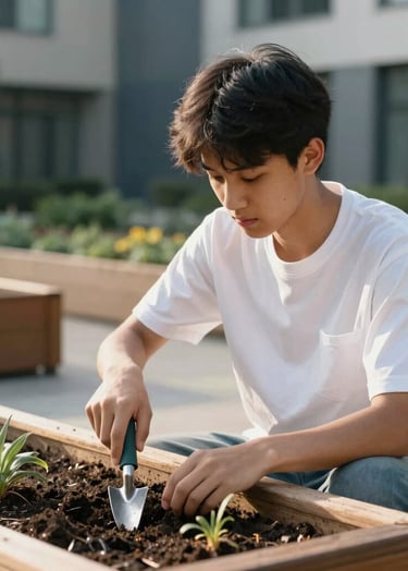 A focused college student in a Cloud White shirt working with gardening tools at a wooden planting bed in a modern North American / US campus garden. Soft morning sunlight highlights the scene with tones of Silver Grey and Muted Navy in the background.