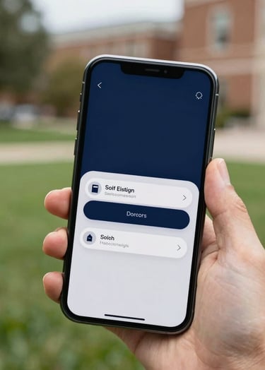 A close-up shot of a hand holding a modern smartphone in a North American / US outdoor campus quad. The screen shows a vibrant mobile app interface using a dark navy blue and light grey color scheme. Soft focus on the green lawn in the background.