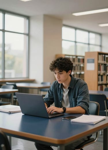 A student in a modern North American / US university library environment, focusing intently on a laptop screen. The library has soft off-white walls and dark navy blue wooden tables. Natural morning light streams through large windows, creating a clean and productive atmosphere.