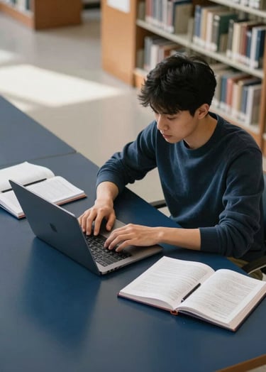 A high-angle shot of a focused student working at a clean desk in a modern North American / US university library, with soft morning light. The scene features a laptop and notebooks on a Soft Cloud surface with Deep Navy accents.