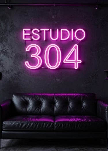 A premium, seductive adult modeling studio backdrop with a professional glowing pink neon sign reading ESTUDIO 304 on a dark concrete wall. Soft moody purple studio lighting, high-end production cameras on tripods visible in the background, a luxury black leather sofa. Elite, seductive atmosphere, Latin American / Global context, dark-mode styling.