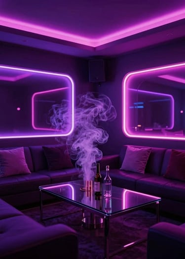 An exclusive luxury lounge room with glowing neon purple and pink lights. Seductive dark-mode atmosphere with soft vapor, a glass table reflecting the neon glow, and high-end modern decor. Elite adult entertainment visual style, Latin American / Global.