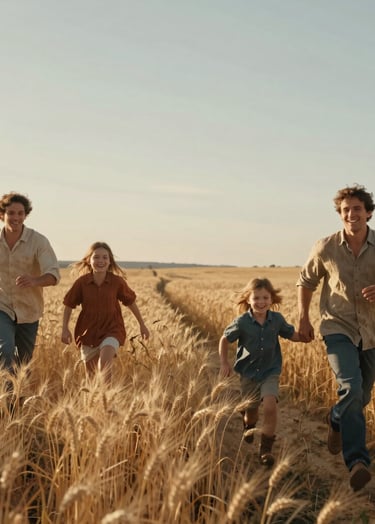A cinematic, wide-angle photograph of a family of four running through a sun-drenched wheat field in a Western / Global rural setting. The lighting is warm golden hour, with soft sand and terracotta tones reflecting off their casual linen clothing. Authentic smiles and candid movement.