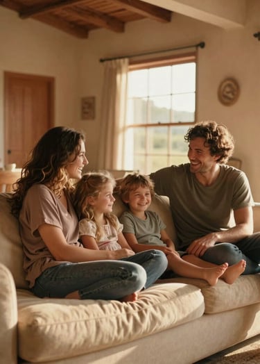 A cinematic lifestyle shot of a young family laughing together on a soft sand colored couch in a Western / Global home, sun-drenched golden hour light streaming through the window, warm terracotta accents in the room decor.