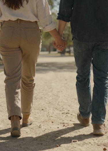 A cinematic shot of two people holding hands while walking through a Western / Global park, soft sand and almond tones, sun-drenched background, authentic lifestyle photography.