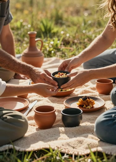 A cinematic, warm-toned photograph of a Western / Global family picnic spread. A Soft Sand colored blanket is laid on green grass, with Terracotta ceramics and Charcoal-colored accents. The lighting is golden and sun-drenched, focusing on the authentic interaction of hands sharing food.