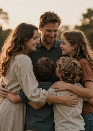 A lifestyle photograph of a family group hug in a Western / Global park setting. The lighting is low and warm, creating a friendly and authentic storytelling vibe with soft tan and charcoal accents.