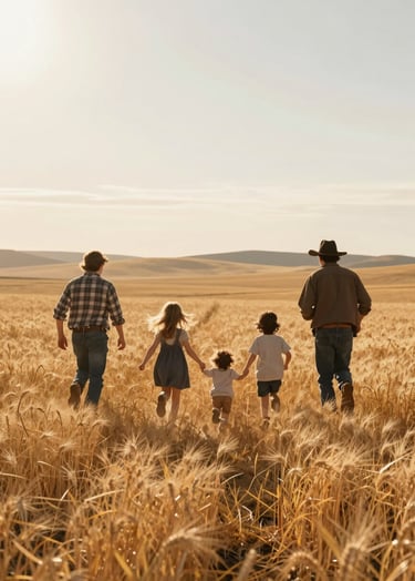 A cinematic wide shot of a family of four running through a golden wheat field in a Western / Global rural landscape. The lighting is warm and sun-drenched, creating a soft flare. The style is authentic and lifestyle-focused with soft sand and terracotta tones.