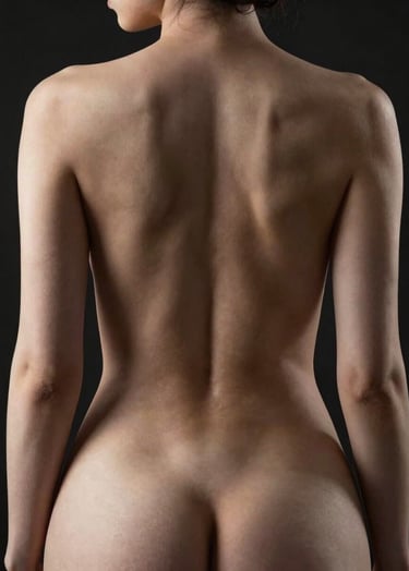 A professional art nude photograph of a subject's back, using chiaroscuro lighting to highlight the spine and muscles. The background is a solid dark black, with the subject rendered in tones of off-white and charcoal. North American / US.