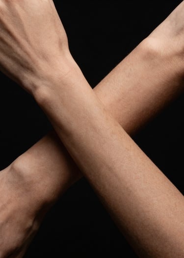 Macro photography of interlaced limbs, creating a geometric and abstract shape. The lighting is cinematic, emphasizing form and shadow against a solid black background. North American / US fine art style.