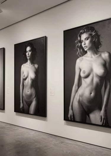 High-end photography of a minimalist gallery exhibition in North America. Large scale black and white art nude portraits on off-white walls. Low lighting, sophisticated atmosphere, charcoal accents.