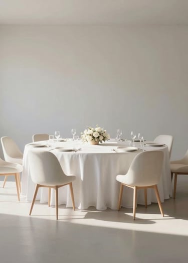 An elegant wide shot of a minimalist 15th birthday celebration space. Focus on the interplay of light and shadow, using #FDFDFD and #A39E97 tones to create a sophisticated atmosphere.