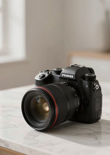 A close-up of a professional camera sitting on a marble desk in a bright, minimalist studio. Soft natural light from a window, clean shadows, incorporating #FDFDFD and #E0DCD9 tones for a high-end commercial feel.