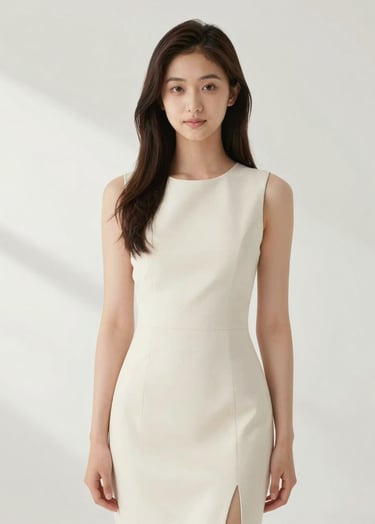 A professional portrait of a 15-year-old girl in an elegant dress, standing in a bright, minimalist studio. Clean white background (#FDFDFD), soft shadows, and a timeless, sophisticated aesthetic.