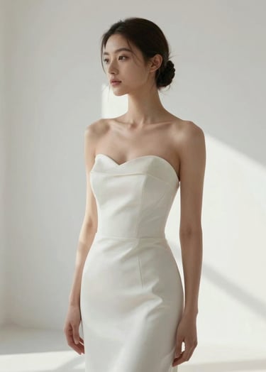 A sophisticated bridal portrait in a minimalist white studio, soft natural light creating gentle shadows, elegant dress with subtle textures in #E0DCD9, emotional but serene expression, high-end photography style.