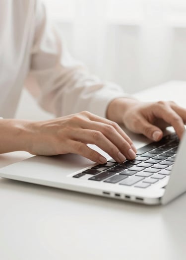 A professional working at a minimalist desk, only hands and a laptop visible. High-key lighting, soft textures, focused on the concept of modern productivity and professional value. Palette: #FDFDFD, #E0DCD9.